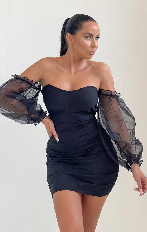 Metallic mini dresses for a glamorous event Black Off The Shoulder Mesh Puff Sleeves Bodycon Mini Dress - Vicky Metallic mini dresses for a glamorous event Black Off The Shoulder Mesh Puff Sleeves Bodycon Mini Dress - Vicky