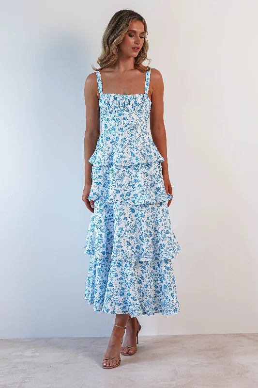 Midi dresses with satin - finish fabrics for a luxurious feel Emily Floral Ruffle Maxi Dress | Blue/White Midi dresses with satin - finish fabrics for a luxurious feel Emily Floral Ruffle Maxi Dress | Blue/White