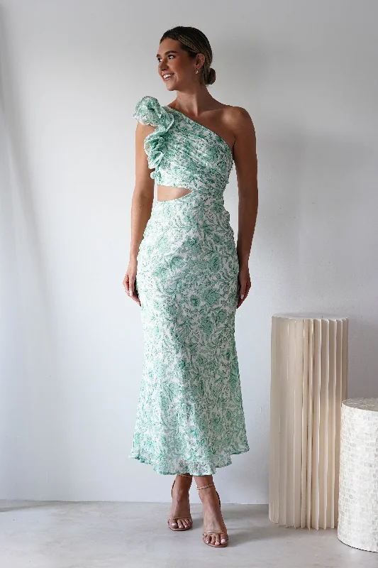 Midi dresses with tassel accents for a bohemian and free - spirited style Pertunia Cut Out Midaxi Dress | Green Print Midi dresses with tassel accents for a bohemian and free - spirited style Pertunia Cut Out Midaxi Dress | Green Print