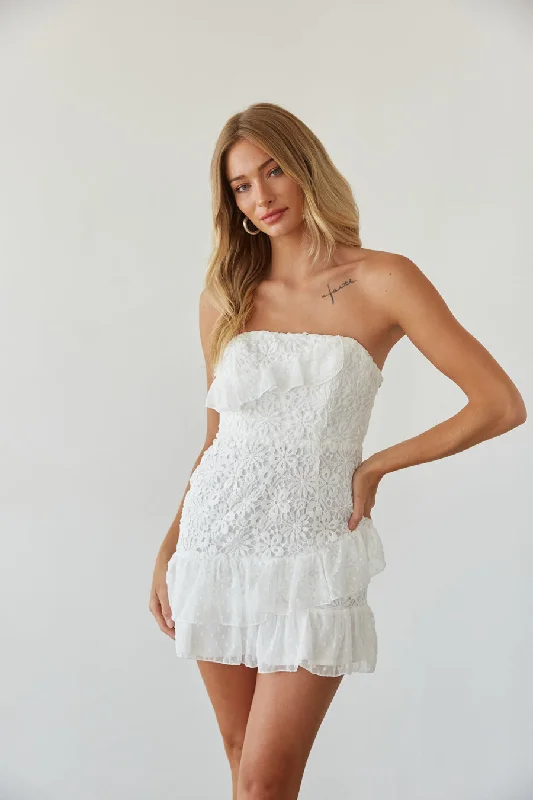 Sheer mini dresses with lace inserts Cece Strapless Lace Ruffle Tie Back Mini Dress