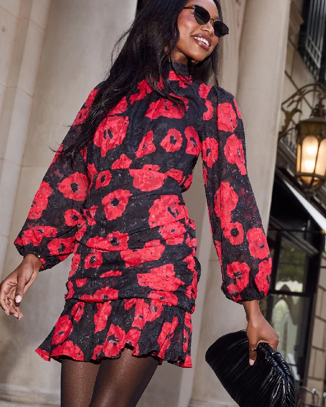 Ruffled mini dresses for a romantic touch Silk Night Ruched Floral Mini Dress