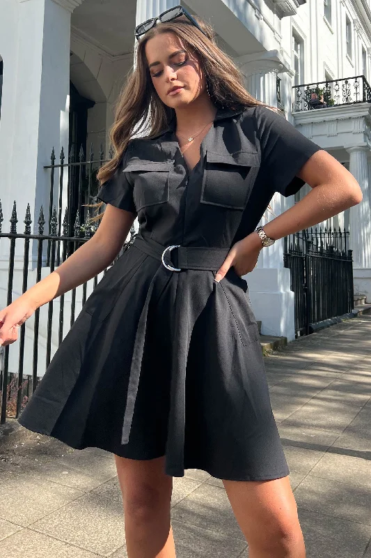 Denim mini dresses with distressed details Willa Black Military Style Dress
