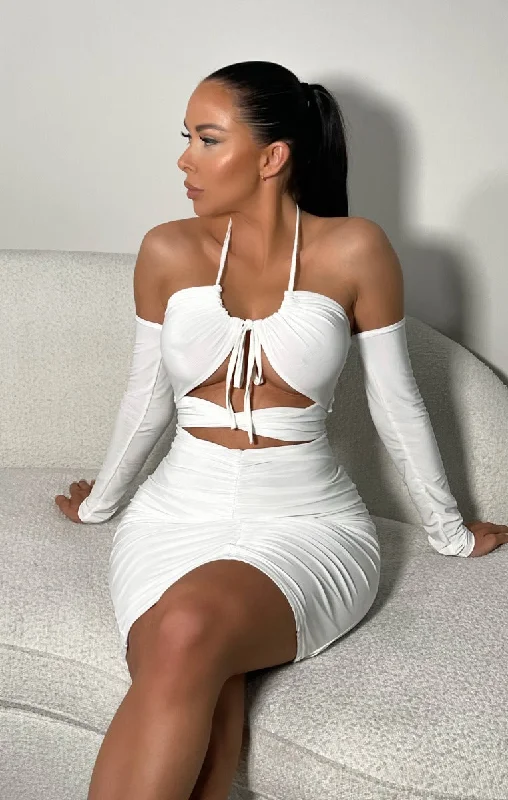 Plaid mini dresses for fall fashion White Long Sleeve Cut Out Mini Dress - Louisa