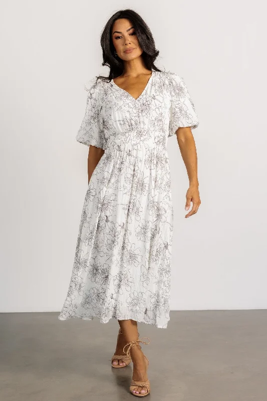 Midi dresses with empire waists for a flattering maternity option Makenna Midi Dress | Off White Print Midi dresses with empire waists for a flattering maternity option Makenna Midi Dress | Off White Print
