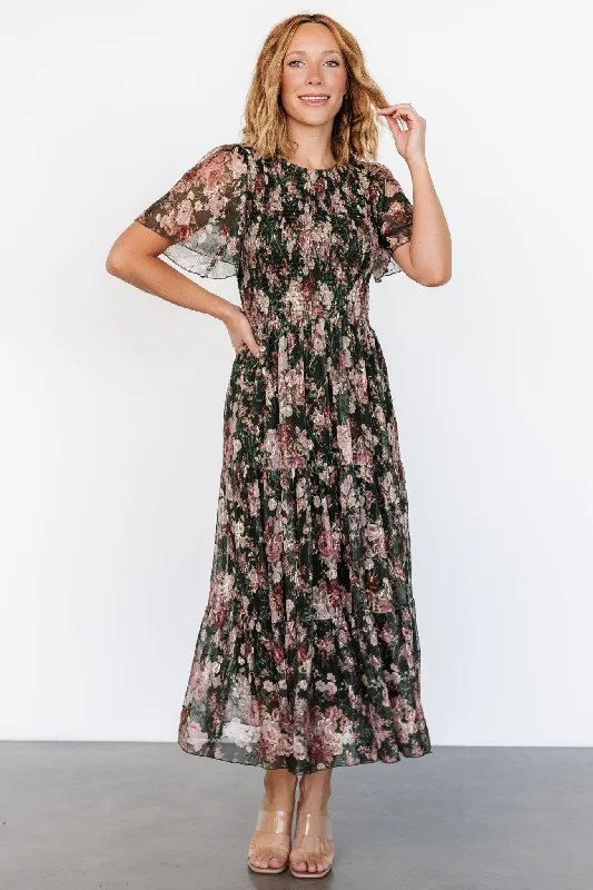 Midi dresses with ribbed textures for a unique and tactile appearance Mara Embroidered Tulle Dress | Dark Green + Blush Floral Midi dresses with ribbed textures for a unique and tactile appearance Mara Embroidered Tulle Dress | Dark Green + Blush Floral