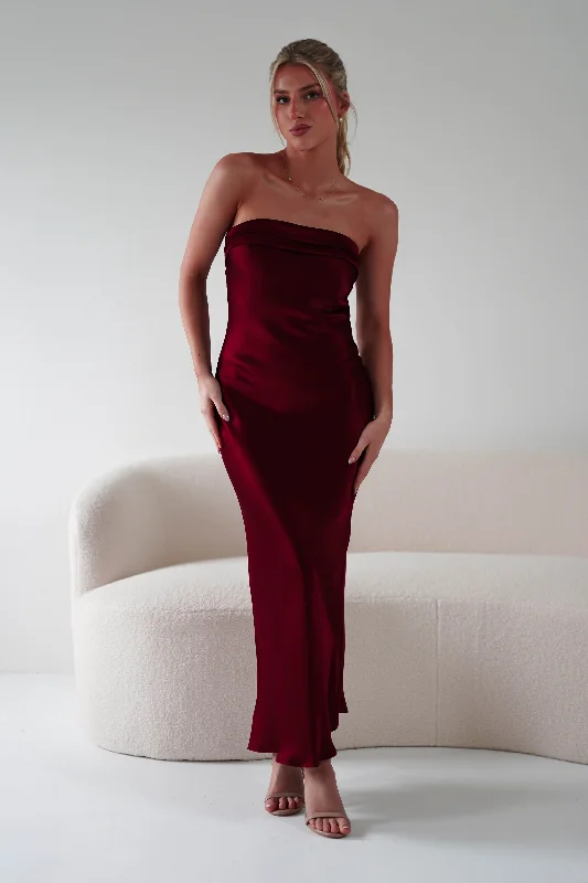 Midi dresses with ruched bodices for a feminine and fitted feel Lucia Soft Satin Slip Midi Dress | Wine Midi dresses with ruched bodices for a feminine and fitted feel Lucia Soft Satin Slip Midi Dress | Wine