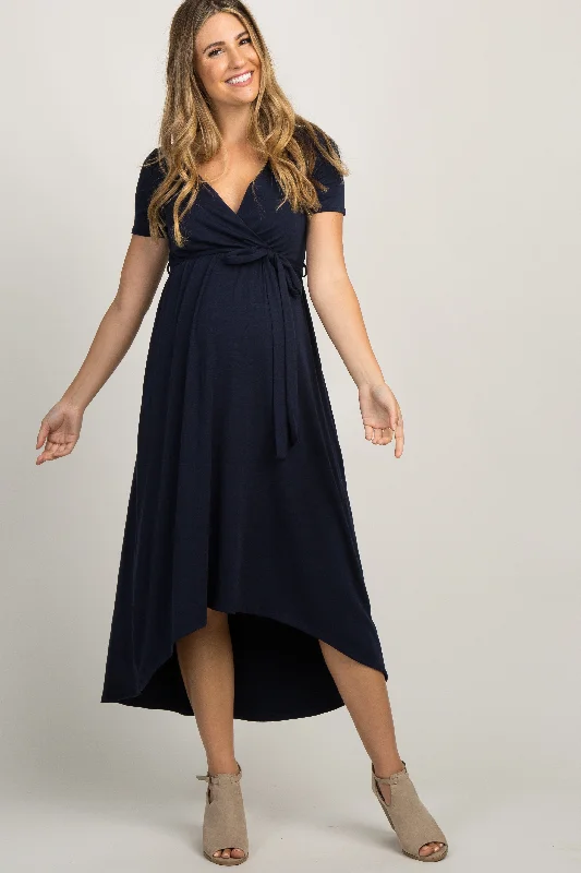 High - low midi dresses with geometric patterns for a modern party PinkBlush Navy Blue Solid Hi-Low Maternity Wrap Dress High - low midi dresses with geometric patterns for a modern party PinkBlush Navy Blue Solid Hi-Low Maternity Wrap Dress