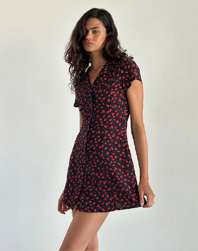 Mini dresses with asymmetric hems for a fashion - forward look Holmana Mini Dress in Strawberry Polka Black Mini dresses with asymmetric hems for a fashion - forward look Holmana Mini Dress in Strawberry Polka Black