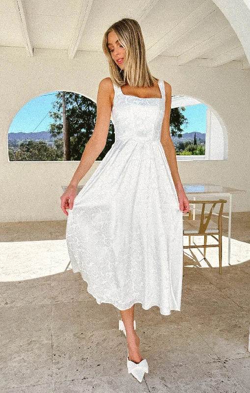 Midi dresses with cold - shoulder cutouts for a trendy style Nina Midi Dress ~ White Rose Satin Midi dresses with cold - shoulder cutouts for a trendy style Nina Midi Dress ~ White Rose Satin