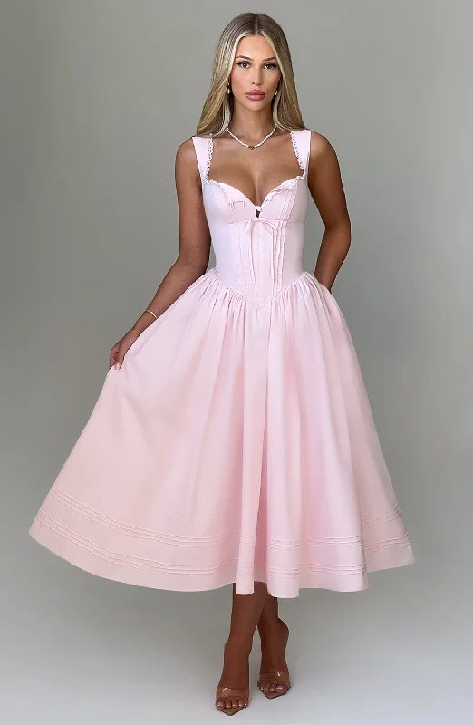 Sheath midi dresses with beaded embellishments for a formal occasion Marlena Midi Dress - Blush Sheath midi dresses with beaded embellishments for a formal occasion Marlena Midi Dress - Blush