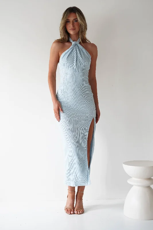 Midi dresses with keyhole backs for a flirty and unexpected detail Bernice Ribbed Midaxi Dress | Light Blue Midi dresses with keyhole backs for a flirty and unexpected detail Bernice Ribbed Midaxi Dress | Light Blue