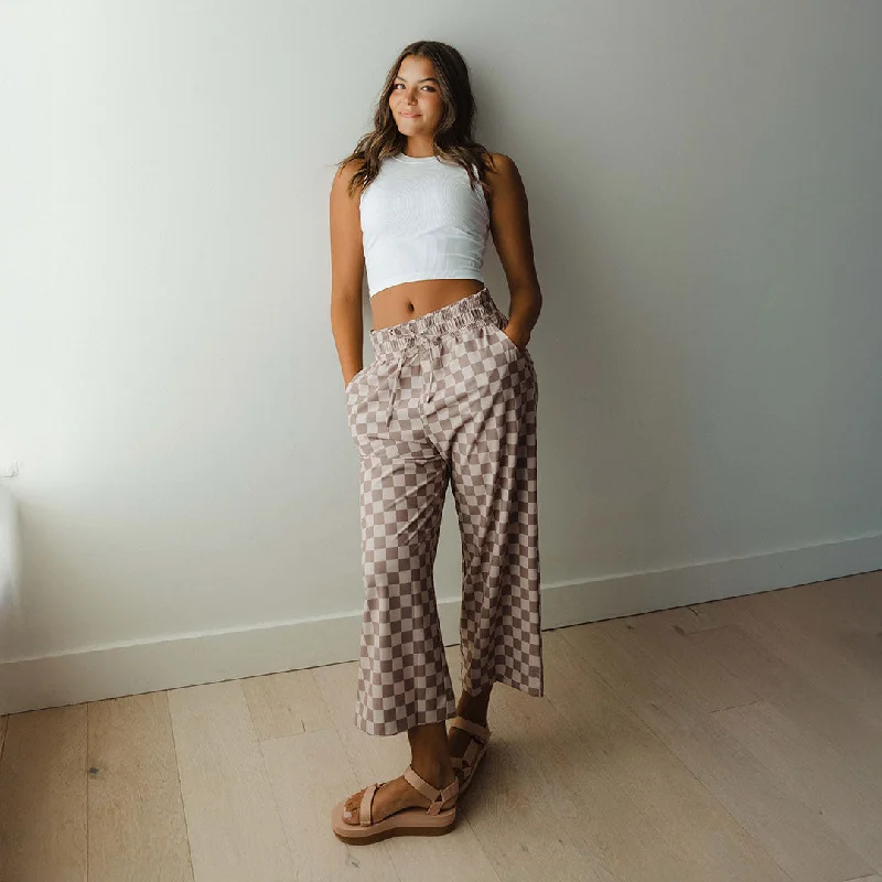 Palazzo Style Women's Printed Trousers in Bohemian PatternsAudrey Wide Leg Pants, Brown Checkers Palazzo Style Women's Printed Trousers in Bohemian PatternsAudrey Wide Leg Pants, Brown Checkers