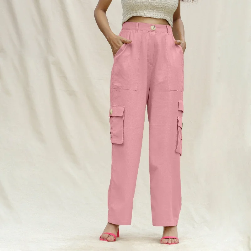 Plus Size Women's Metallic - Finish Joggers for a Stylish LoungePink Cotton Flax Elasticated High-Rise Cargo Pant Plus Size Women's Metallic - Finish Joggers for a Stylish LoungePink Cotton Flax Elasticated High-Rise Cargo Pant