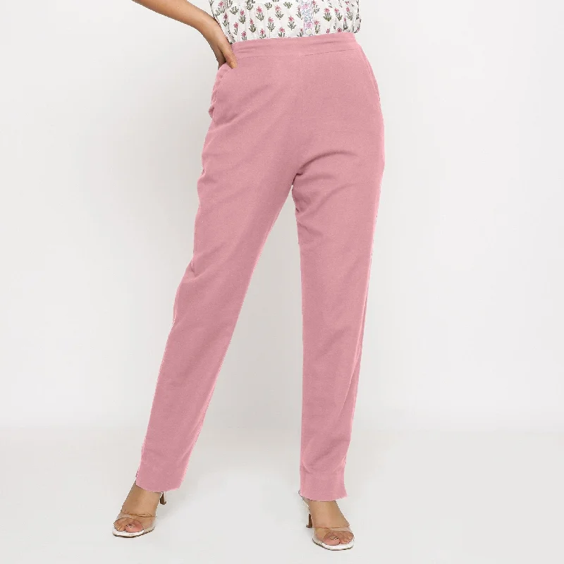 Cropped Women's Corduroy Pants in Autumn ColorsPink Cotton Flax Elasticated Mid-Rise Tapered Pant