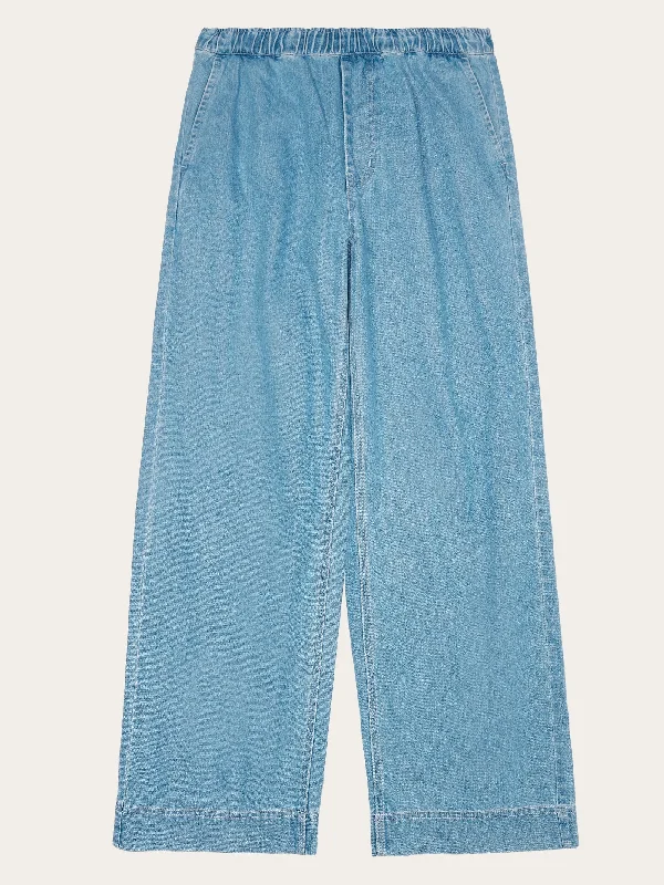 Palazzo Style Women's Printed Trousers in Bohemian PatternsPOSEY wide mid-rise elastic waistband denim pant - GOTS/Vegan - Light Blue denim Palazzo Style Women's Printed Trousers in Bohemian PatternsPOSEY wide mid-rise elastic waistband denim pant - GOTS/Vegan - Light Blue denim