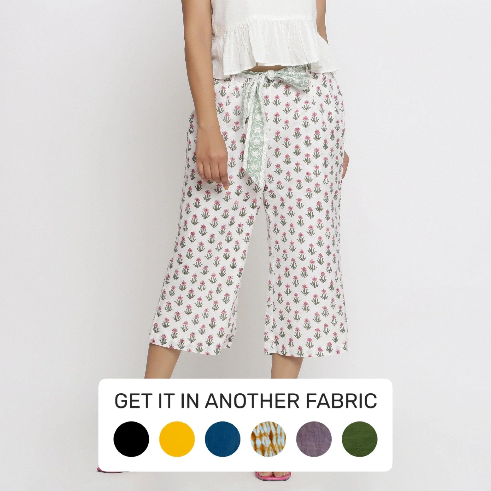 Women's Straight - Leg Linen Pants for a Breezy Summer LookWhite Floral Block Printed Cotton Culottes Women's Straight - Leg Linen Pants for a Breezy Summer LookWhite Floral Block Printed Cotton Culottes