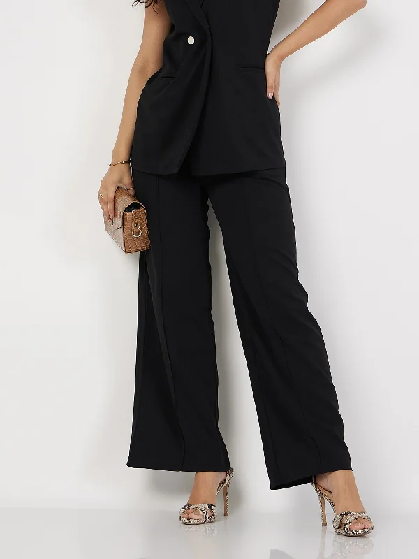 Women Black Front Dart Palazzo Pants