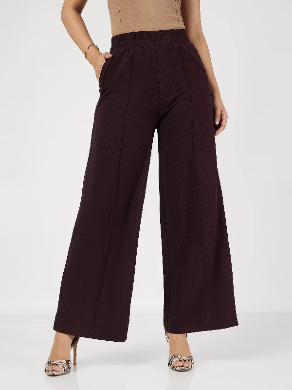 Women Burgundy Front Dart Palazzo Pants