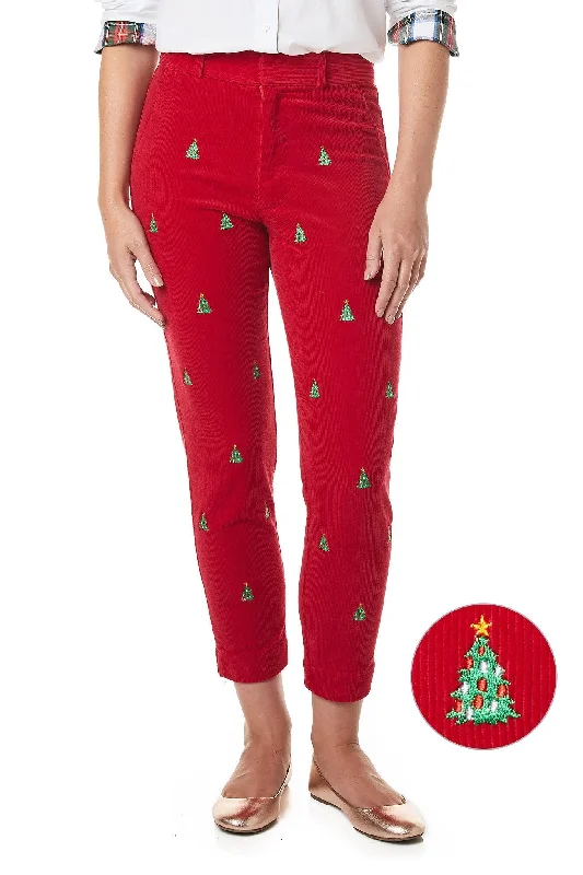 Cropped Women's Corduroy Pants in Autumn ColorsBeachcomber Stretch Corduroy Ankle Capri Crimson with Christmas Tree Cropped Women's Corduroy Pants in Autumn ColorsBeachcomber Stretch Corduroy Ankle Capri Crimson with Christmas Tree