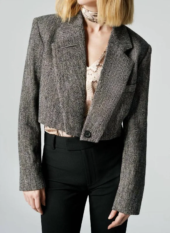 Plus Size Women's Military - Inspired Blazers with Gold Accents for a Bold LookCut Off Blazer In Brown Tweed Plus Size Women's Military - Inspired Blazers with Gold Accents for a Bold LookCut Off Blazer In Brown Tweed