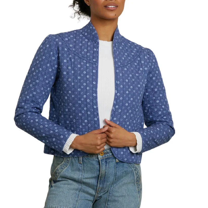 Plus Size Women's Military - Inspired Blazers with Gold Accents for a Bold LookDaisy Crop Quilted Jacket In Indigo Flower