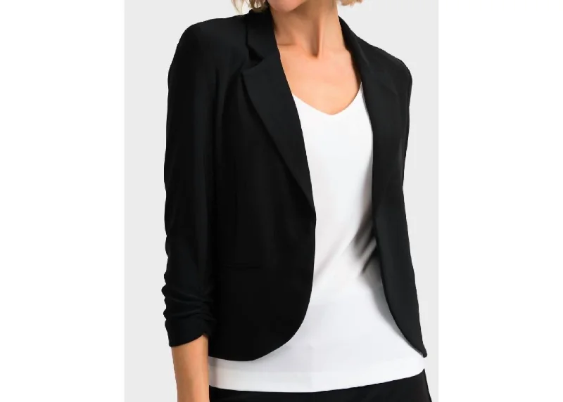 Women's Longline Linen Blazers in Pastel Colors for Summer EventsKnit Blazer With Gathered Sleeves In Black Women's Longline Linen Blazers in Pastel Colors for Summer EventsKnit Blazer With Gathered Sleeves In Black