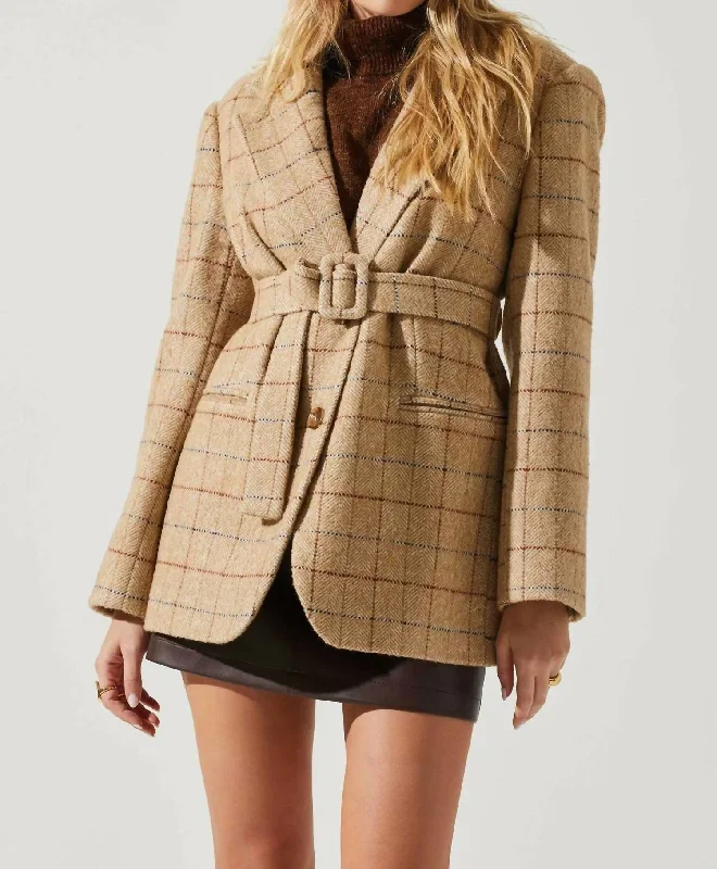 Women's Peplum Blazers in Emerald Green for a Stylish Work AttireLottie Plaid Belted Blazer In Taupe Women's Peplum Blazers in Emerald Green for a Stylish Work AttireLottie Plaid Belted Blazer In Taupe
