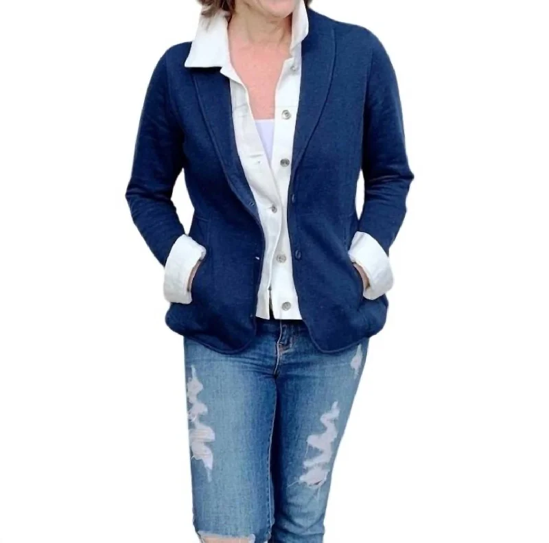 Plus Size Women's Faux Fur - Trimmed Blazers in Black for a Luxurious LookLucy Sweatshirt Denim Blazer In White Denim/navy Plus Size Women's Faux Fur - Trimmed Blazers in Black for a Luxurious LookLucy Sweatshirt Denim Blazer In White Denim/navy
