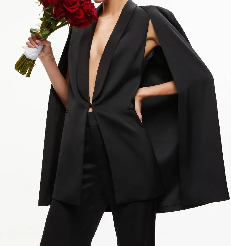 Plus Size Women's Military - Inspired Blazers with Gold Accents for a Bold LookMerrie Shawl Collar Cape Vest In Black Plus Size Women's Military - Inspired Blazers with Gold Accents for a Bold LookMerrie Shawl Collar Cape Vest In Black