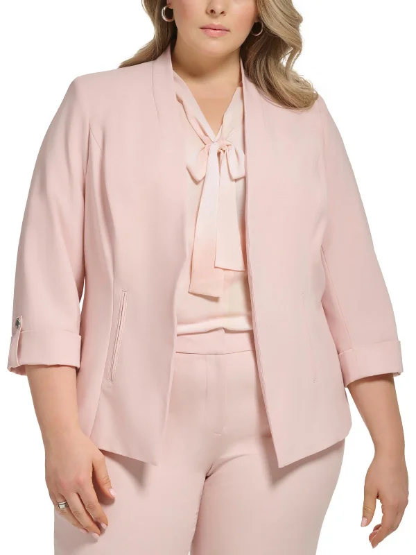 Plus Size Women's Double - Breasted Wool Blazers for Winter Office WearPlus Womens Solid Polyester Open-Front Blazer