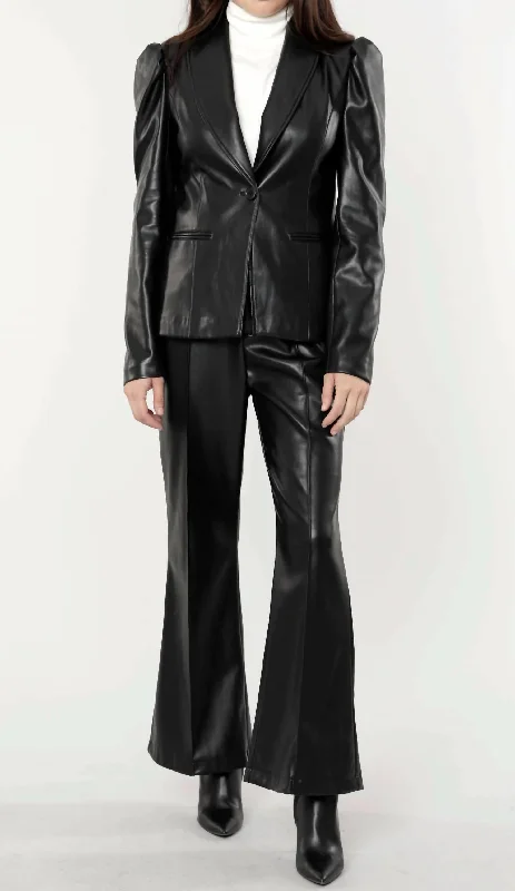 Plus Size Women's Embroidered Blazers in Floral Patterns for a Feminine TouchPuff Shoulder Vegan Leather Blazer In Black Plus Size Women's Embroidered Blazers in Floral Patterns for a Feminine TouchPuff Shoulder Vegan Leather Blazer In Black