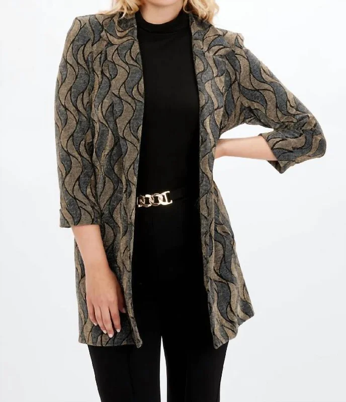 Plus Size Women's Ruffled Blazers in Pink for a Girly and Fashionable LookShimmer Wave Motif Jacket In Gold/navy