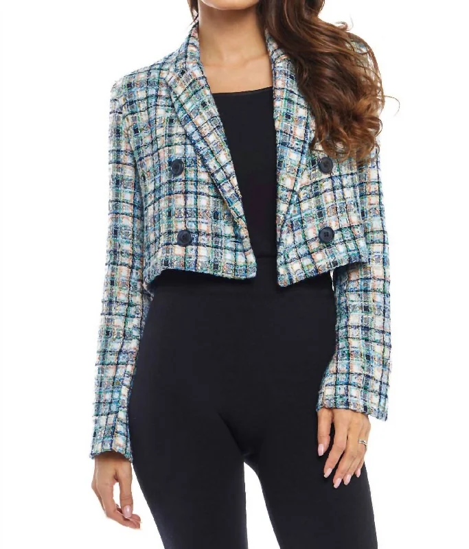 Oversized Women's Checkered Blazers in Black and White for a Trendy StyleTweed Crop Double Breasted Jacket In Blue Multi Oversized Women's Checkered Blazers in Black and White for a Trendy StyleTweed Crop Double Breasted Jacket In Blue Multi