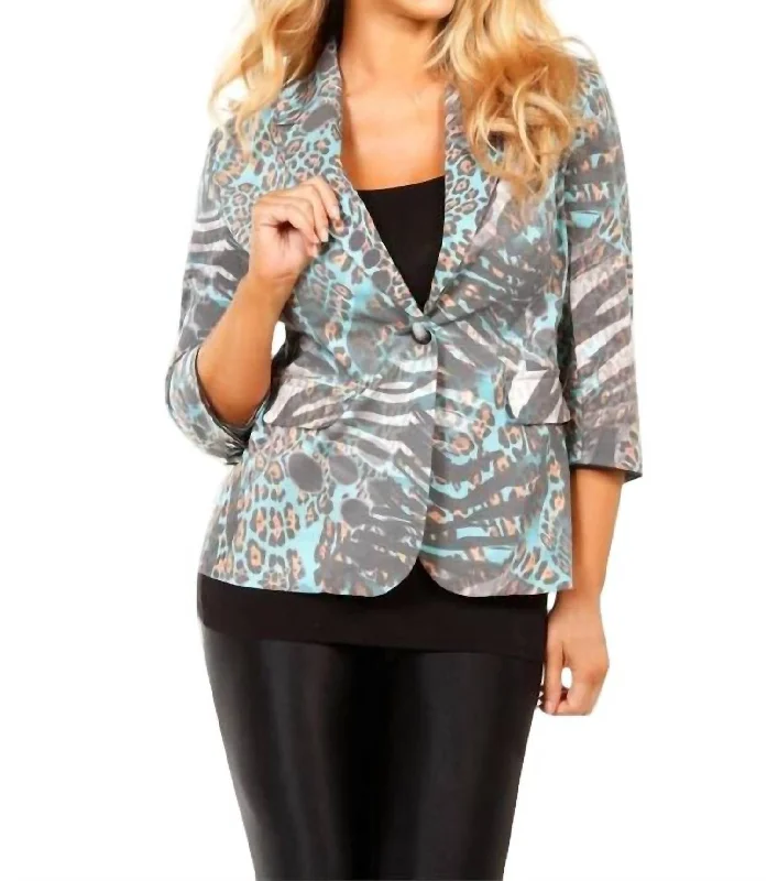 Oversized Women's Printed Blazers in Animal Patterns for a Statement PieceWild One Button Blazer In Aquawhite Oversized Women's Printed Blazers in Animal Patterns for a Statement PieceWild One Button Blazer In Aquawhite