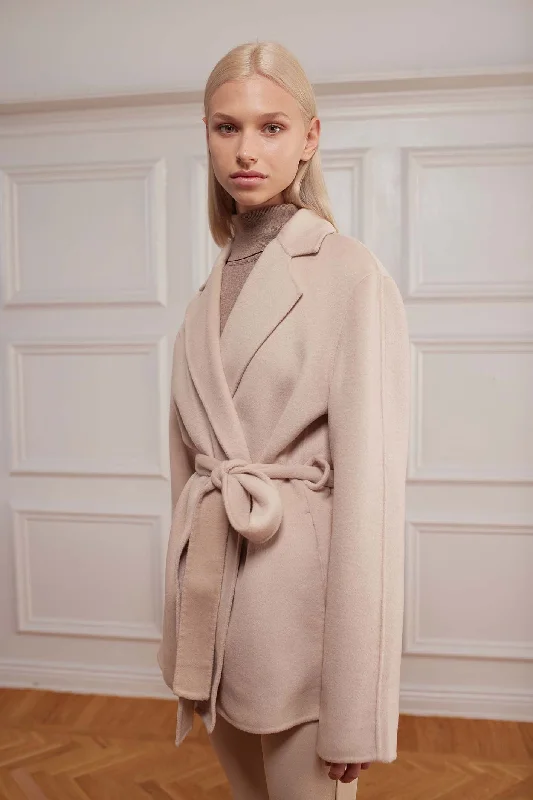Women's knee - length wool blend coats with a fur collar for added warmthALESSIA TAUPE Women's knee - length wool blend coats with a fur collar for added warmthALESSIA TAUPE