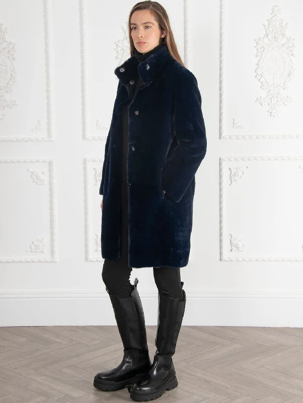 Women's reversible down coats with two - tone designs for versatile stylingSignature Jackie Stand Collar Recycled Vegan Faur Fux Shearling Coat | Ink Blue Women's reversible down coats with two - tone designs for versatile stylingSignature Jackie Stand Collar Recycled Vegan Faur Fux Shearling Coat | Ink Blue