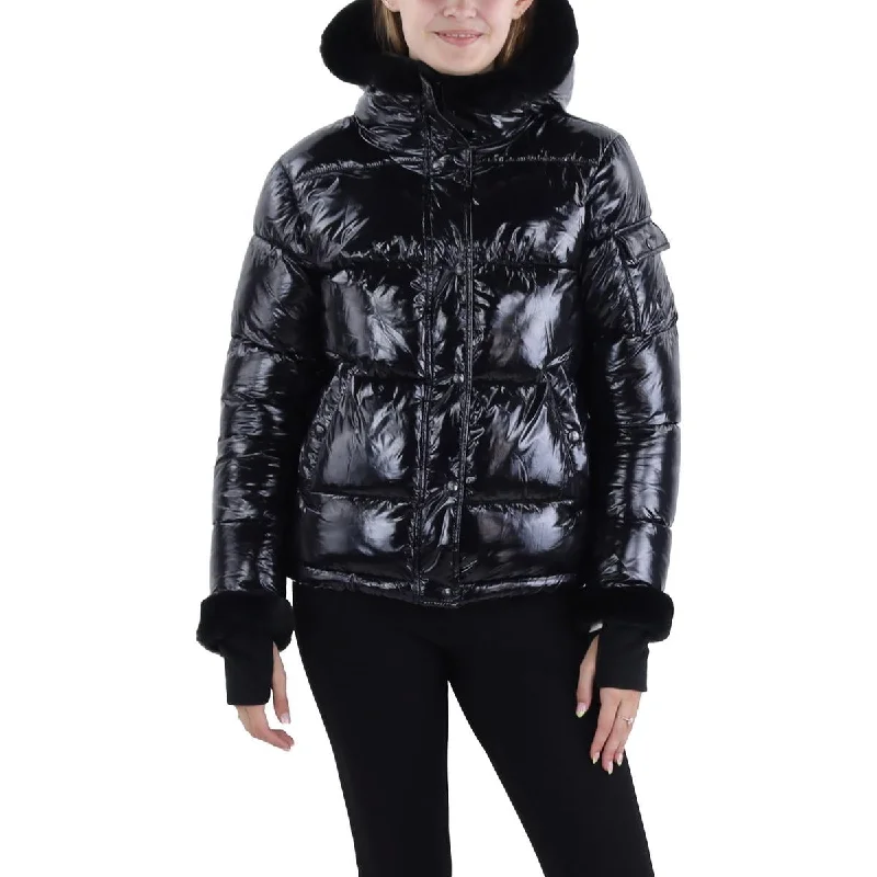 Lacquer Jane Womens Faux Fur Trim Hooded Puffer Jacket