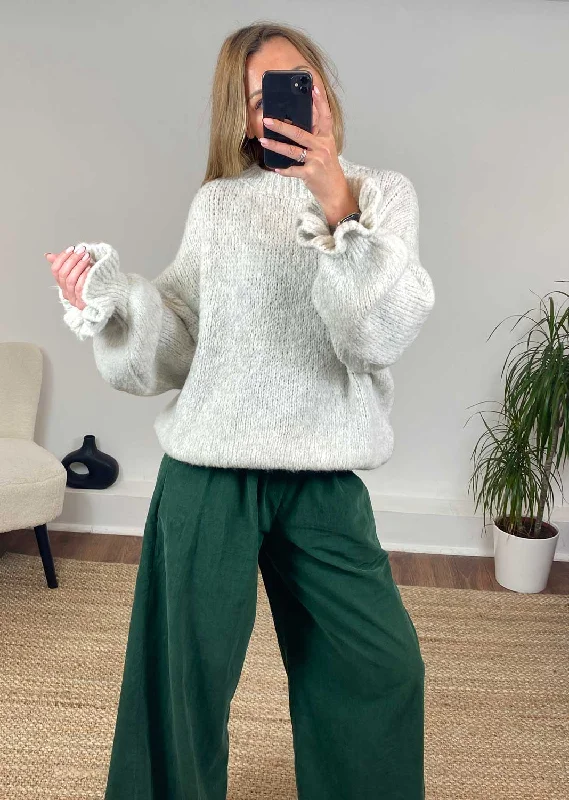 plus size women cardigan for comfortable layeringClara Frill Sleeve Jumper in Stone
