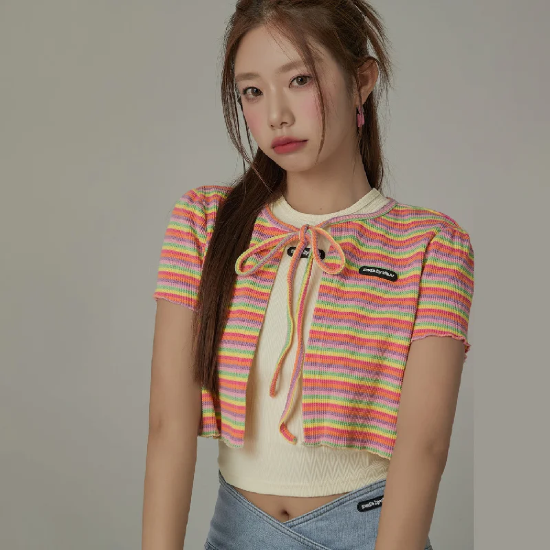 lightweight women cardigan for spring and fallRibbon Striped Crop Cardigan