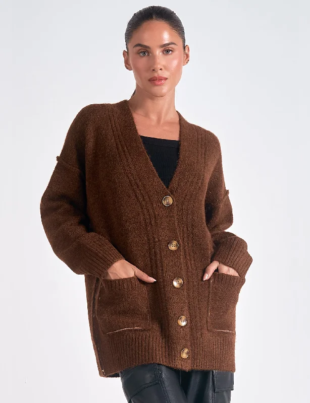 long length women cardigan with side slitsAudrey Cardigan, Dark Tan