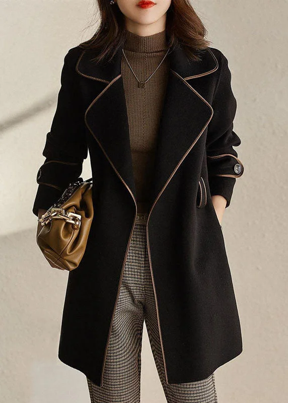 Women's cropped leather coats with silver studs for an edgy lookFashion Black Notched Patchwork Pockets Tie Waist Woolen Coats Fall Women's cropped leather coats with silver studs for an edgy lookFashion Black Notched Patchwork Pockets Tie Waist Woolen Coats Fall
