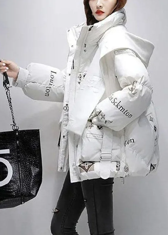 Quilted down women's coats with removable hoods for outdoor activitiesFine White Hooded Letter Print Duck Down Puffer Jacket Winter Quilted down women's coats with removable hoods for outdoor activitiesFine White Hooded Letter Print Duck Down Puffer Jacket Winter