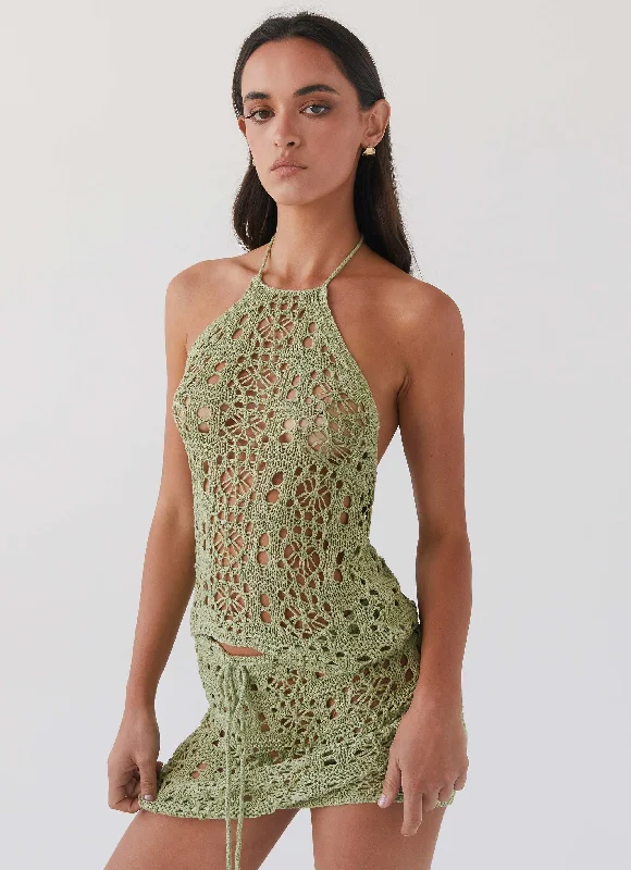 hand knitted women cardigan with artisanal charmFree Mind Crochet Top - Light Olive