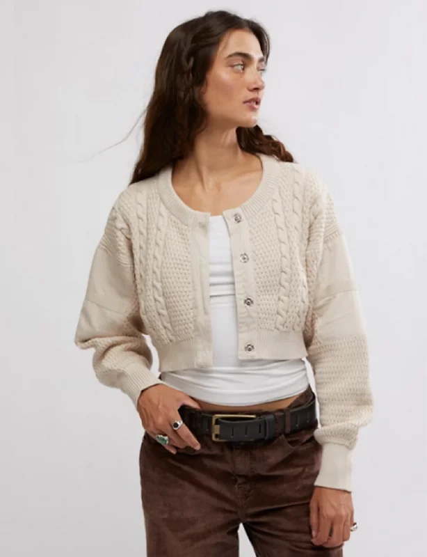 cable knit women cardigan with intricate patternsWTF Heritage Cardi, Crystal Grey