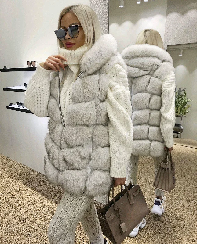 Quilted down women's coats with removable hoods for outdoor activitiesLong Fox Fur Vest With Hoodie Quilted down women's coats with removable hoods for outdoor activitiesLong Fox Fur Vest With Hoodie