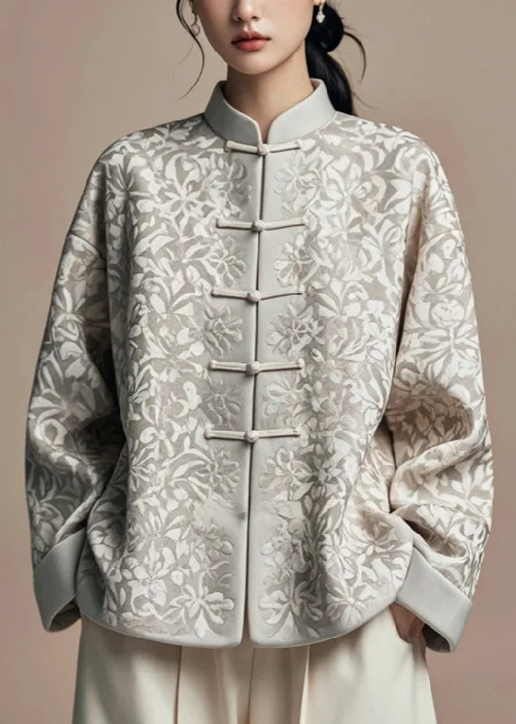 Women's reversible down coats with two - tone designs for versatile stylingJacquard Grey Stand Collar Button Silk Cotton Coat Fall Women's reversible down coats with two - tone designs for versatile stylingJacquard Grey Stand Collar Button Silk Cotton Coat Fall