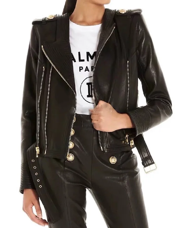 Checkered women's wool coats in a classic pattern for a timeless styleLeather Golden Trim Stitch Detail Jacket Checkered women's wool coats in a classic pattern for a timeless styleLeather Golden Trim Stitch Detail Jacket
