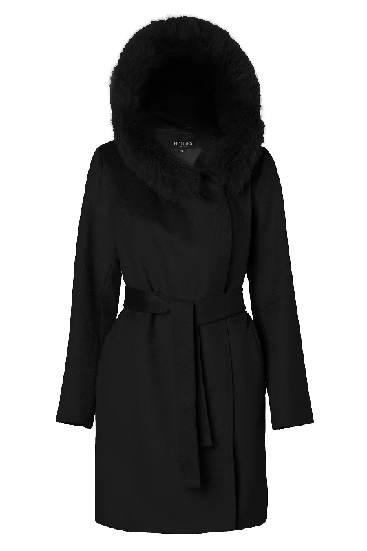 Women's knee - length wool blend coats with a fur collar for added warmthLUCINDA BLACK Women's knee - length wool blend coats with a fur collar for added warmthLUCINDA BLACK