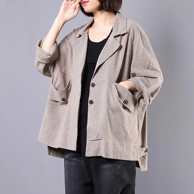 Water - resistant women's trench coats with adjustable cuffs for rainy daysNatural Batwing Sleeve cotton linen outwear women khaki plaid cotton coats fall Water - resistant women's trench coats with adjustable cuffs for rainy daysNatural Batwing Sleeve cotton linen outwear women khaki plaid cotton coats fall