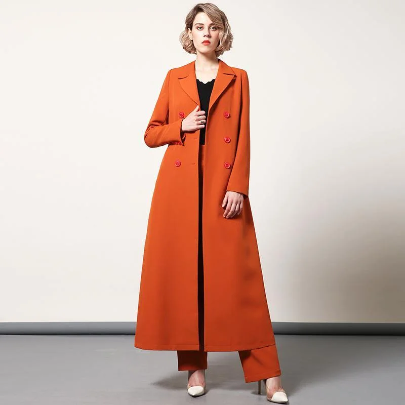 Long women's mac coats in a lightweight fabric for spring showersorange elegant tunic cotton blended trench coats lapel tie waist women outwear Long women's mac coats in a lightweight fabric for spring showersorange elegant tunic cotton blended trench coats lapel tie waist women outwear